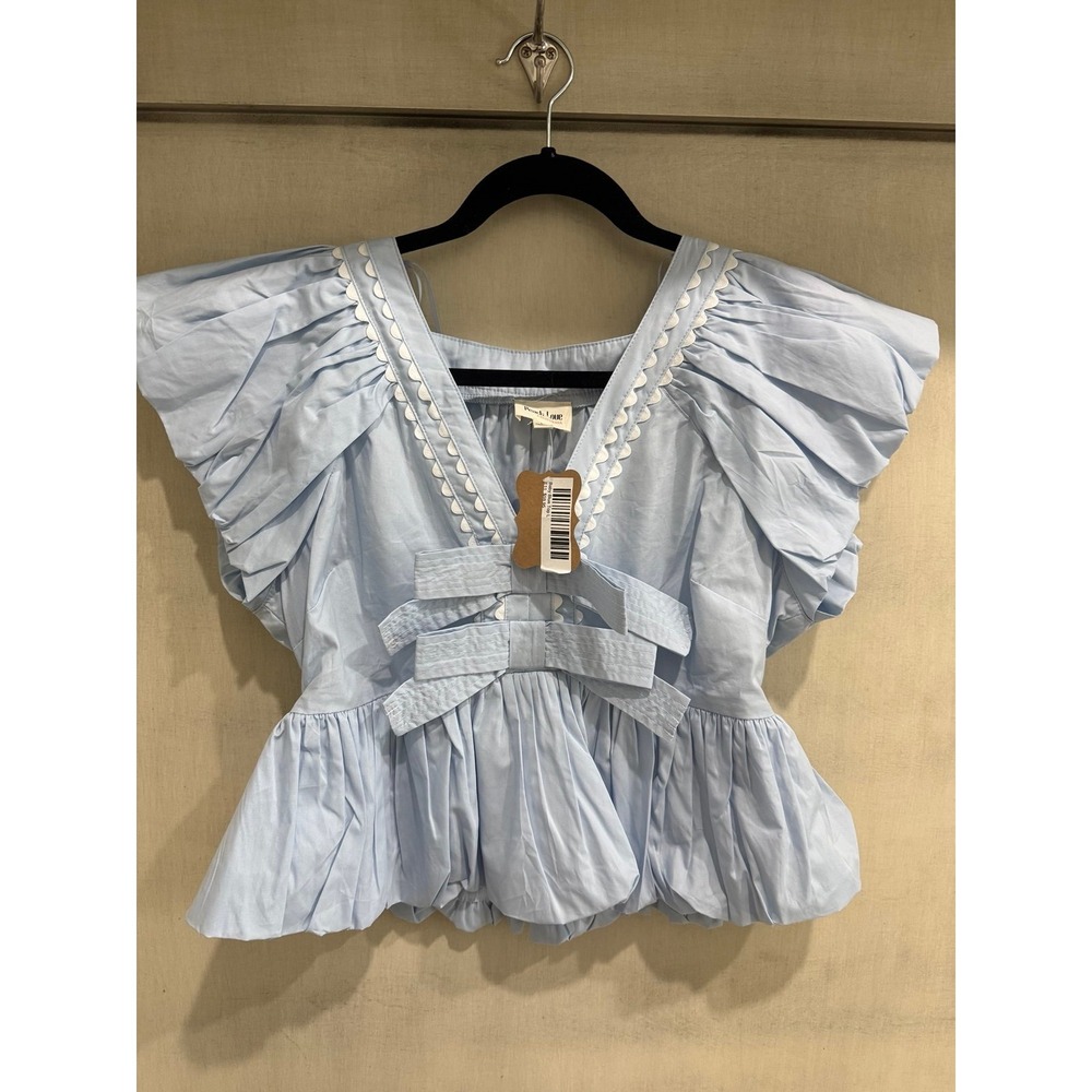 PEACH LOVE Scalloped Lace Trim Bow Peplum Blouse New LARGE